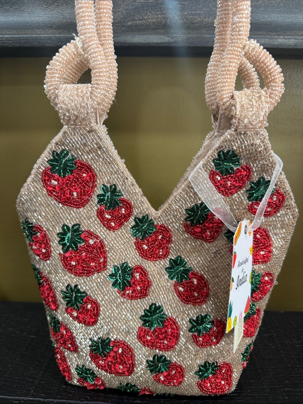 Handcrafted Beige Strawberry-Embroidered Tote